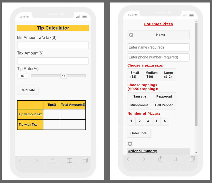 mobile apps development for calculator and gourmet pizza applications