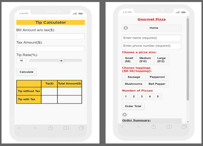 mobile App calculator and gourmet pizza applications